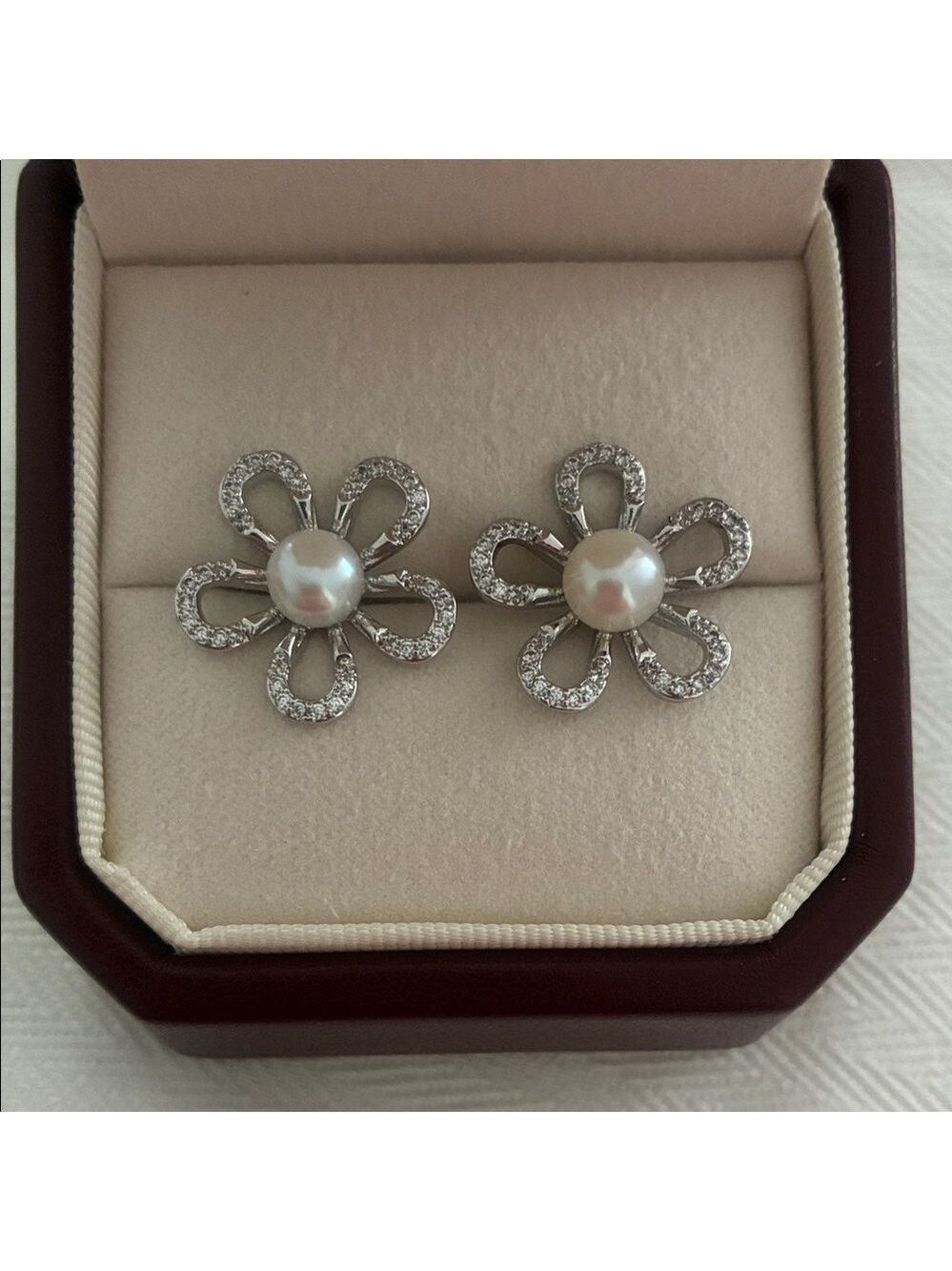 Silver Flower Pearl Earrings | Sterling Silver Posts | Holiday Gift for Her